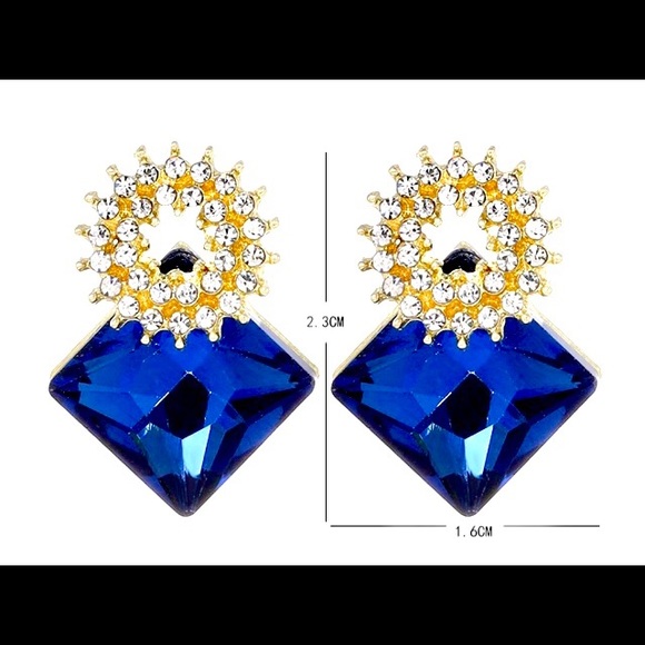 Blue Glass Gem Rhombus White Rhinestone Circle Stud Statement Earrings Christmas - Picture 3 of 3